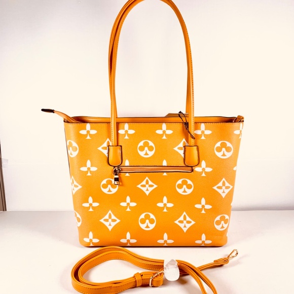 Trendy orange/white monogram pattern tote shoulder crossbody bag/wallet set gold - Picture 13 of 14